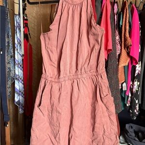 Sleeveless Mini Dress in Rich Brown with Gathered Waist and tie neck